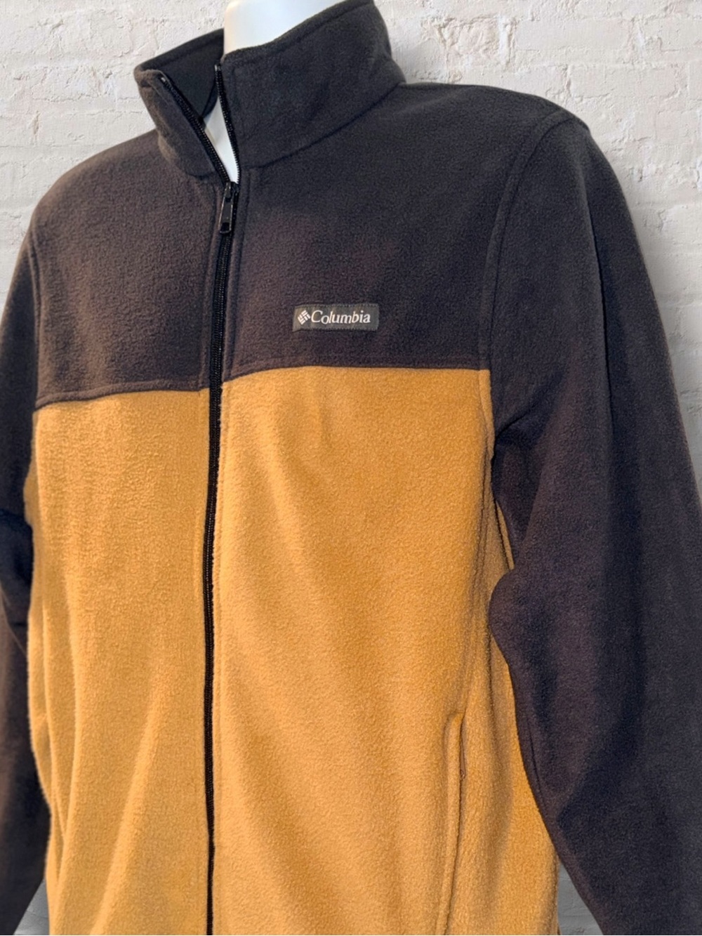 Columbia Men’s Full Zip Fleece Jacket M Brown Mustard Color Block Outdoor